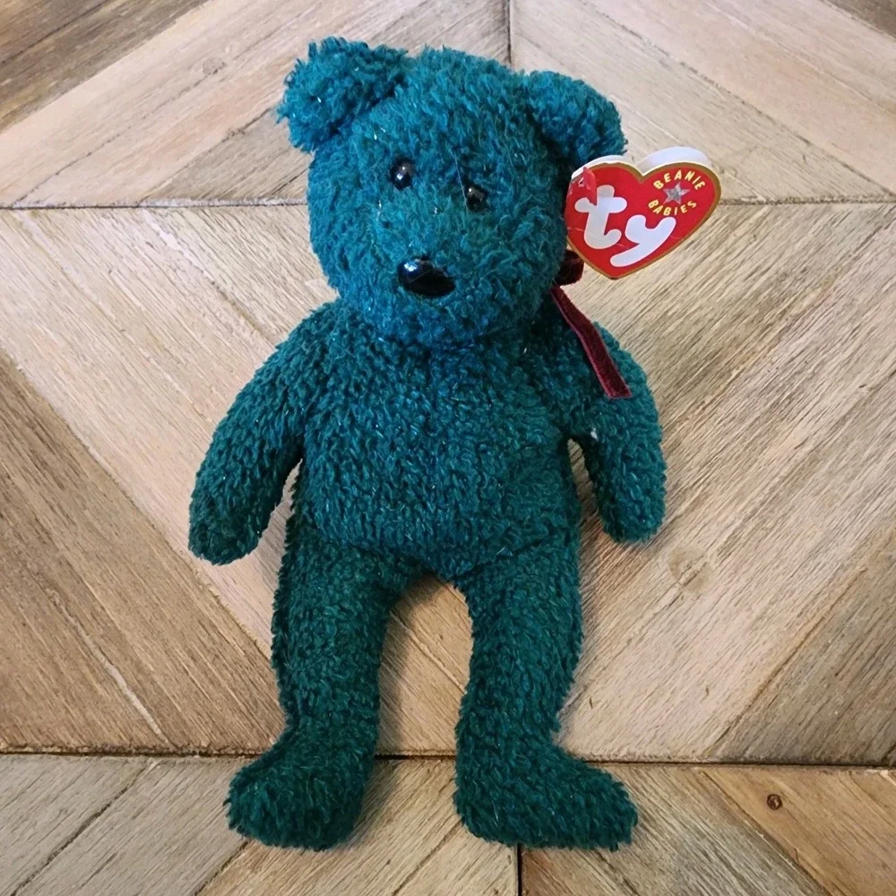 Ty Beanie Babies 2001 Holiday Teddy Retired‎ Tag Green Sparkly Red Bow Vintage